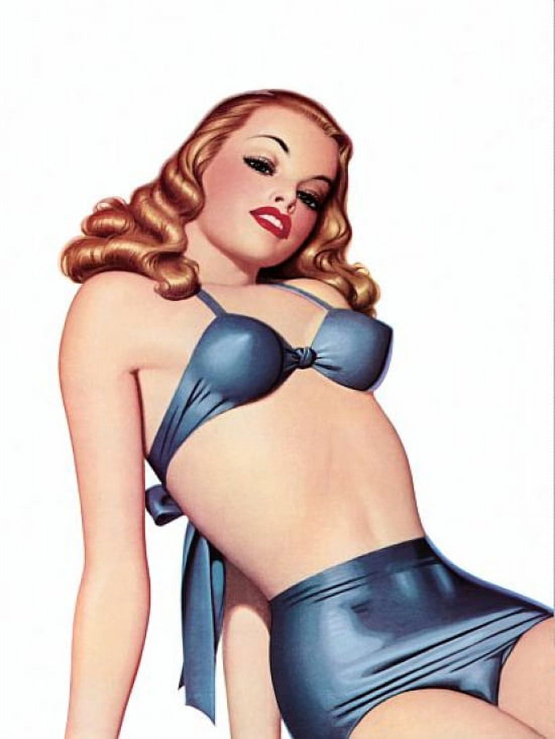 Pin Up Art Redhead In A Blue Bikini Canvas Art - (24 x 36)