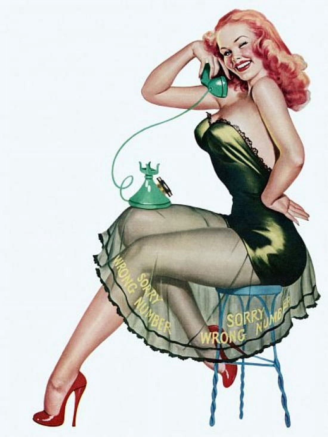 Pin Up Art Redhead On A Stool With Phone Canvas Art - (18 x 24)
