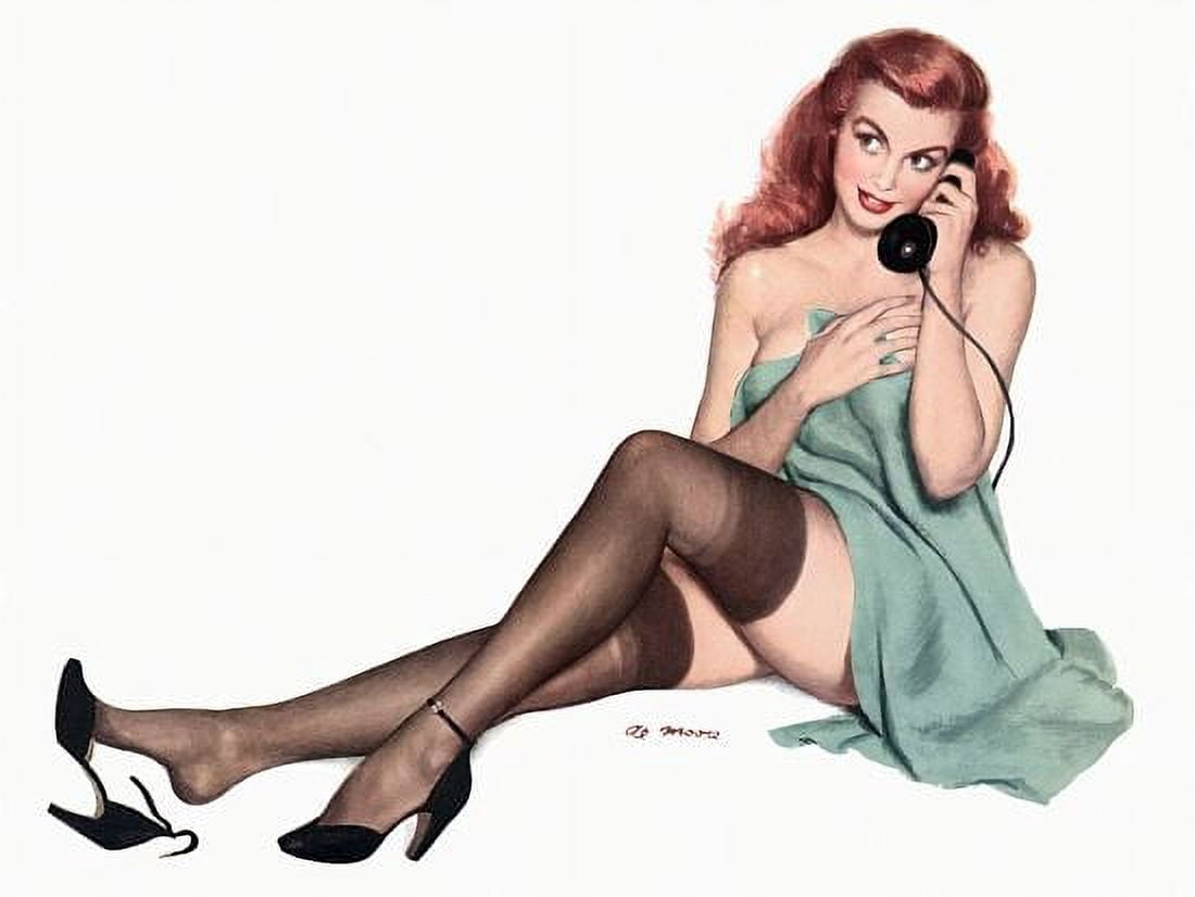 Pin Up Art Redhead On Phone Wearing Black Canvas Art - (24 x 36)