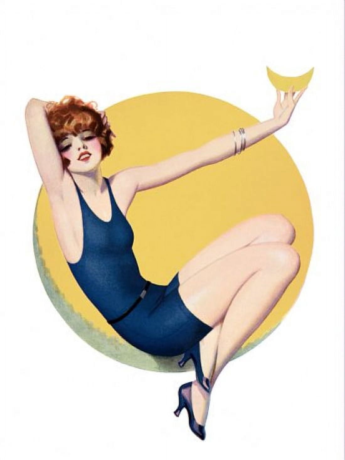 Pin Up Art Redhead Sitting On The Moon Canvas Art - (36 x 54)