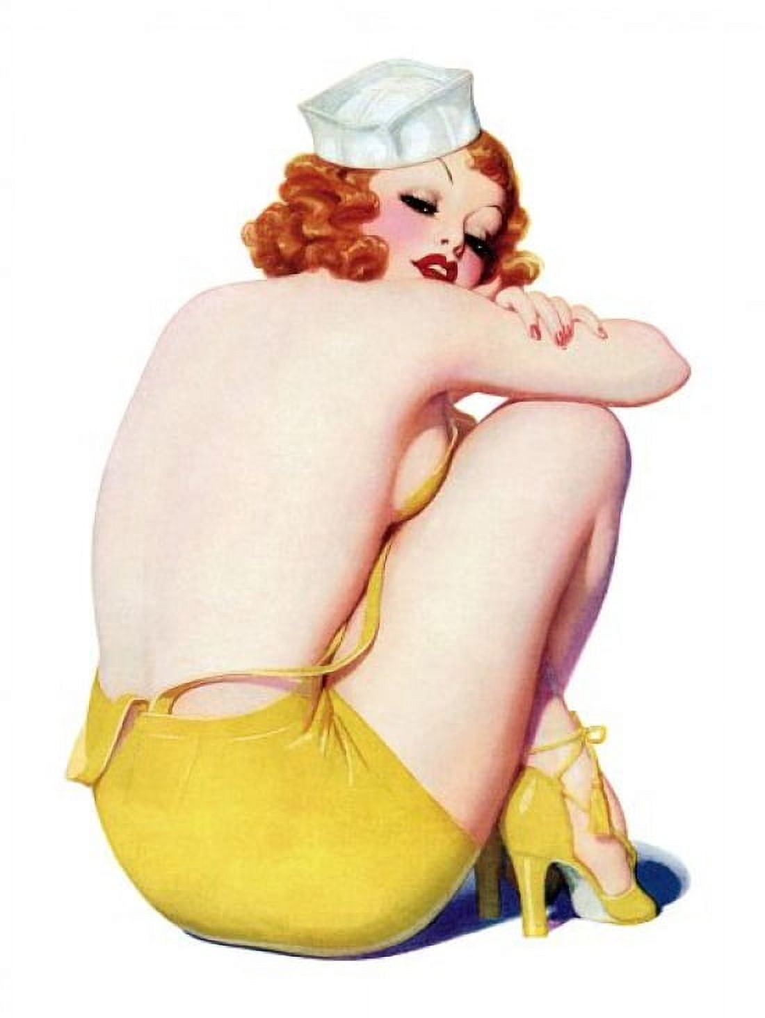 Pin Up Art Redhead With Navy Hat On Canvas Art - (18 x 24)