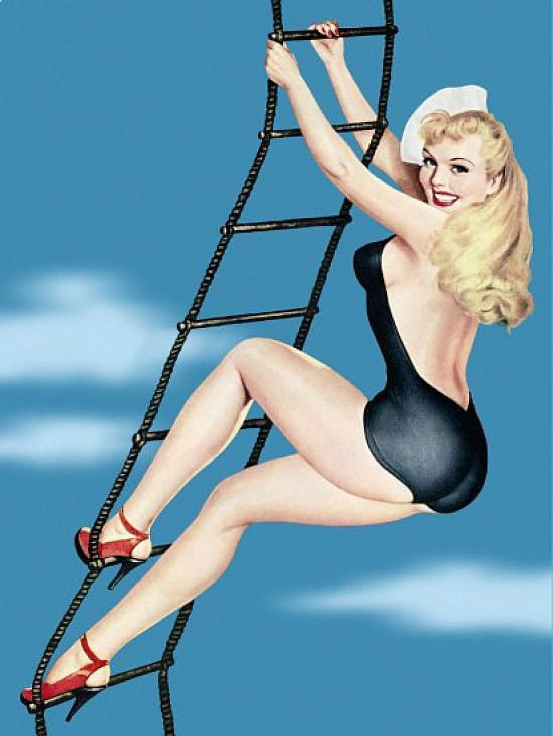 Pin Up Blonde Climbing Ladder With Canvas Art - (24 x 36)