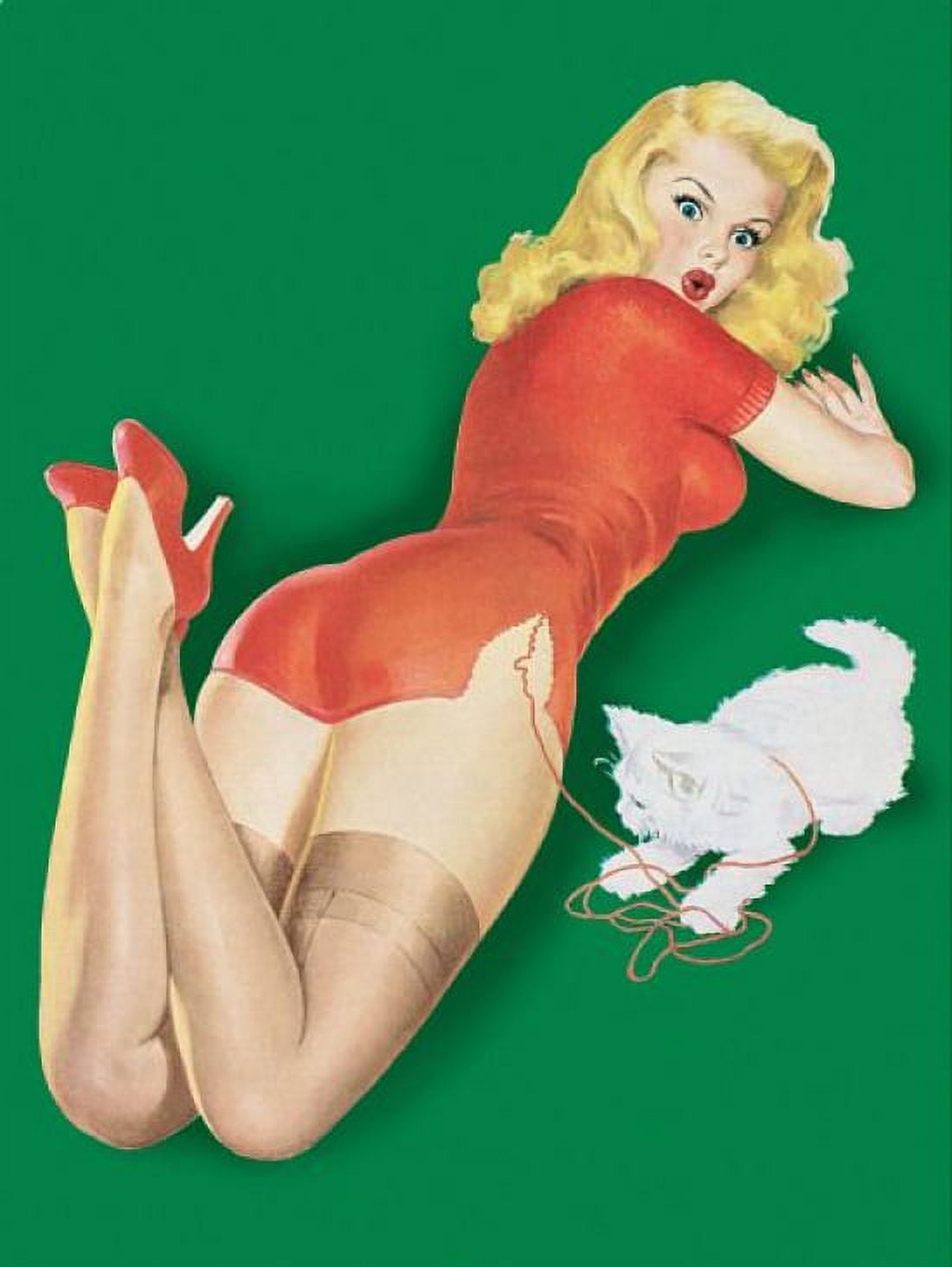 Pin Up Blonde With Kitten Unraveling Canvas Art - (36 x 54)