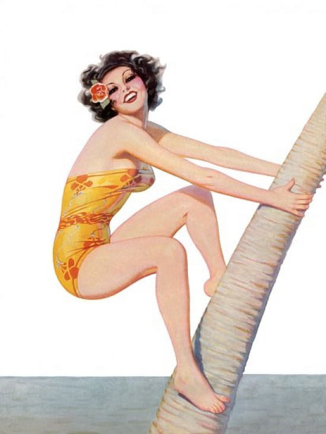 Pin Up Brunette Climbing A Palm Tree Canvas Art - (36 x 54)