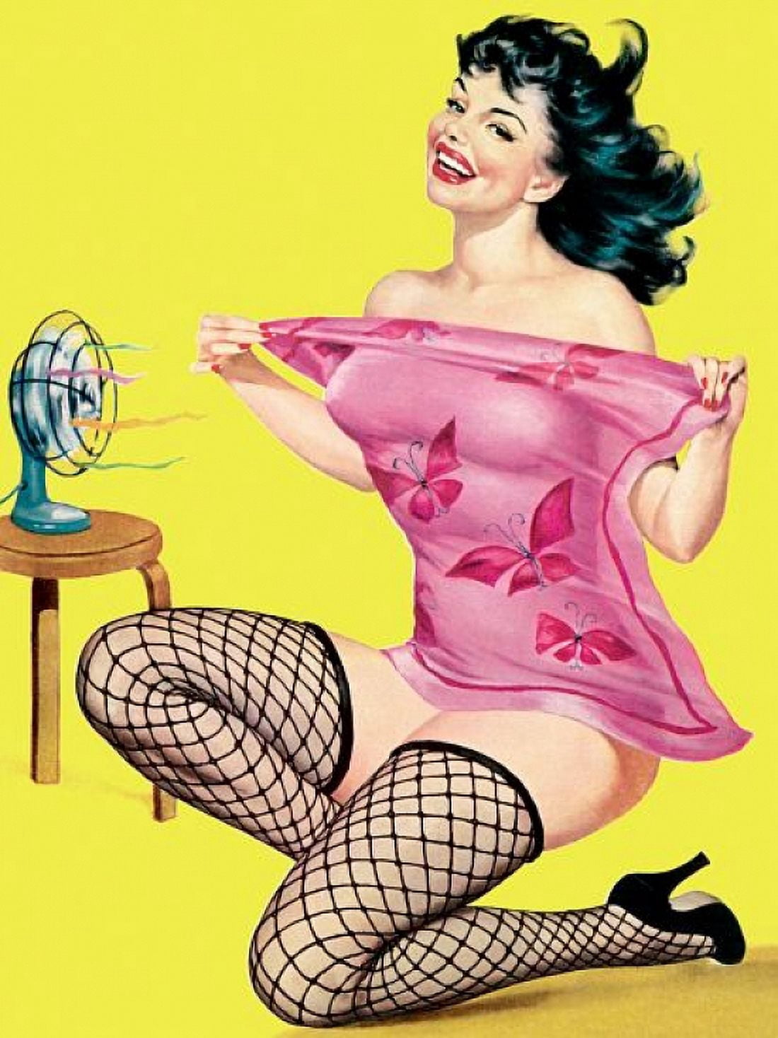 Pin Up Brunette Cooling Off With Fan Canvas Art - (18 x 24)