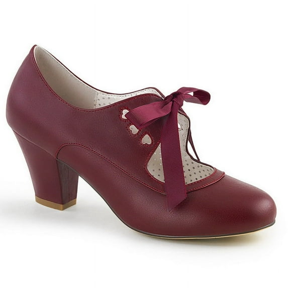 Pin Up Couture WIGGLE-32 Cuben Heel Mary Jane Pump w/Ribbon Tie & Heart Cutout Detail 2 1/2" Cuben Heel-Burgundy Faux Leather-11