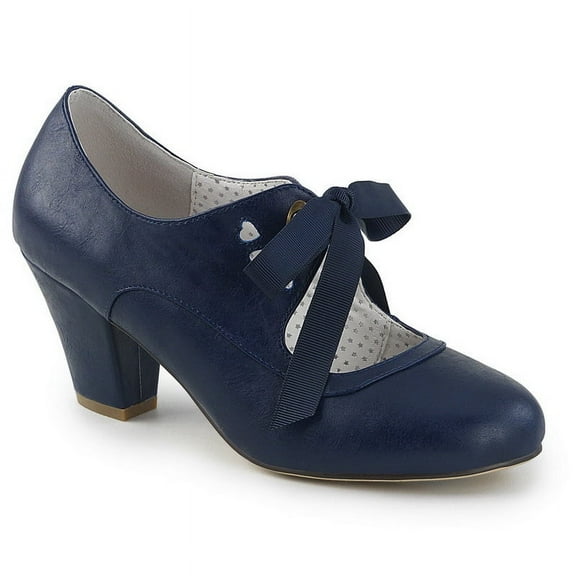 Pin Up Couture WIGGLE-32 Cuben Heel Mary Jane Pump w/Ribbon Tie & Heart Cutout Detail 2 1/2" Cuben Heel-Navy Blue Faux Leather-10