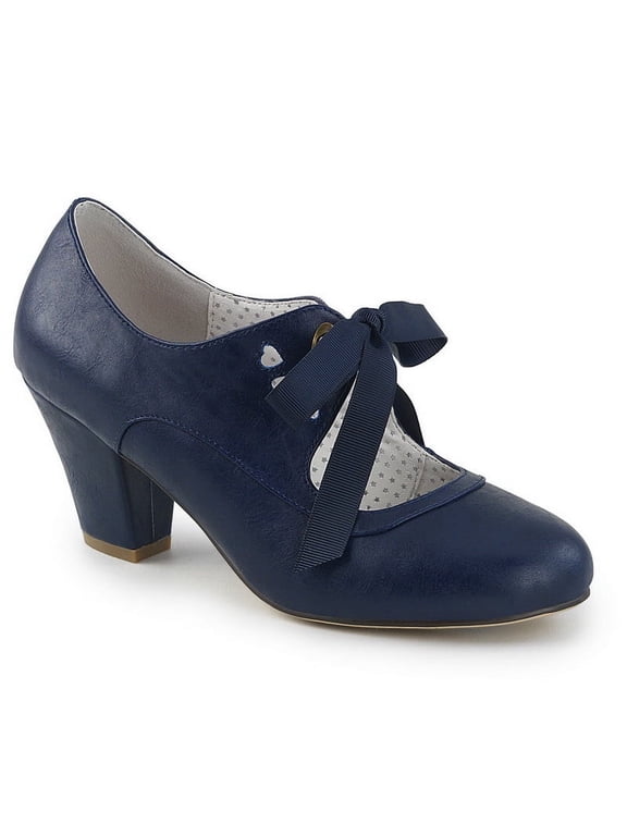 Pin Up Couture WIGGLE-32 Cuben Heel Mary Jane Pump w/Ribbon Tie & Heart Cutout Detail 2 1/2" Cuben Heel-Navy Blue Faux Leather-5