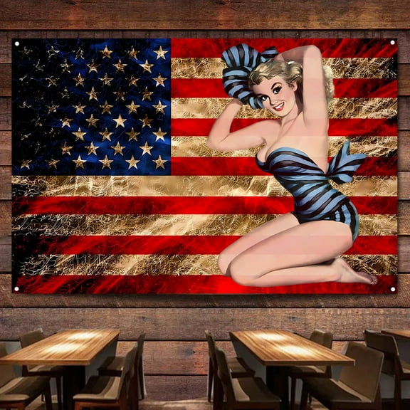 Pin Up Girl 38" x 57" Vintage American Flag Wall Art Posters & Prints Home Decor Banner