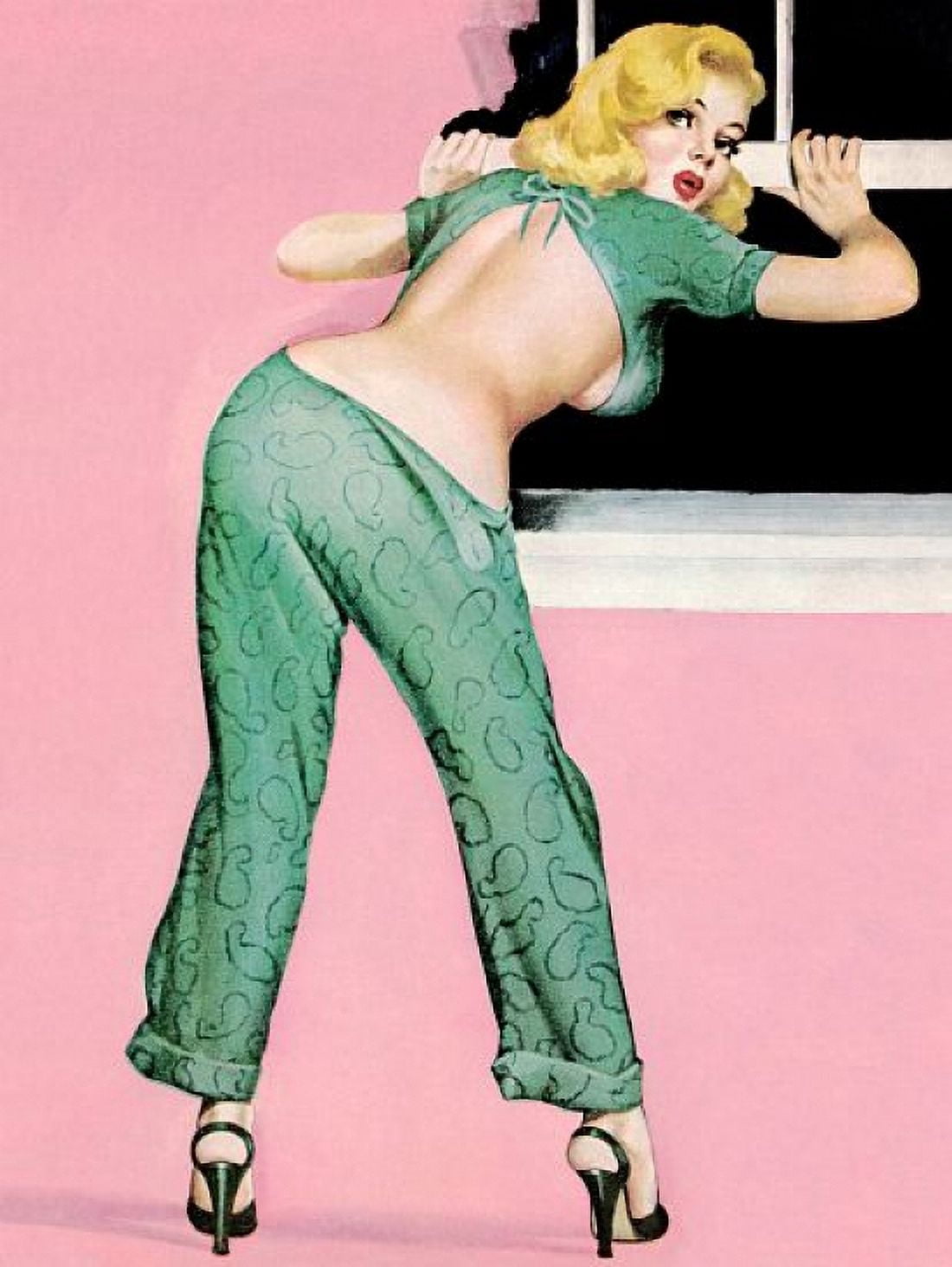 Pin Up Girl Blonde Looking Through A Window Canvas Art - (36 x 54)