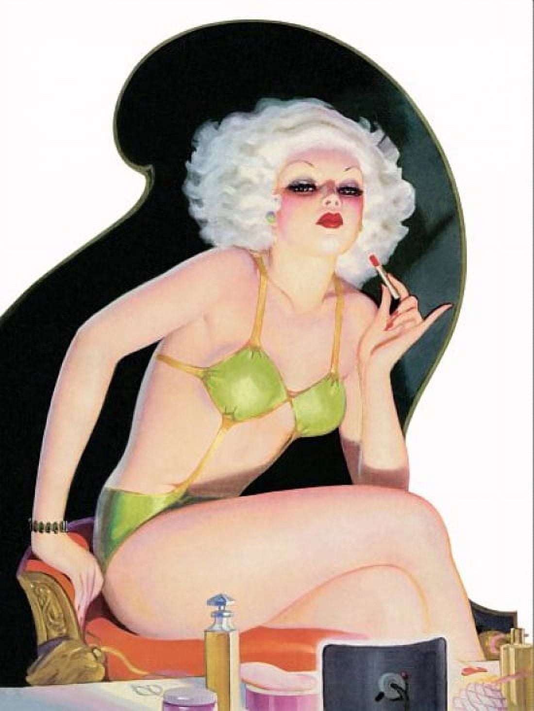 Pin Up Girl Blonde Putting On Lipstick Canvas Art - (36 x 54)