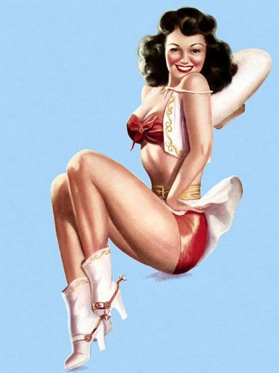 Pin Up Girl Brunette Cowgirl With White Hat Canvas Art - (18 x 24)