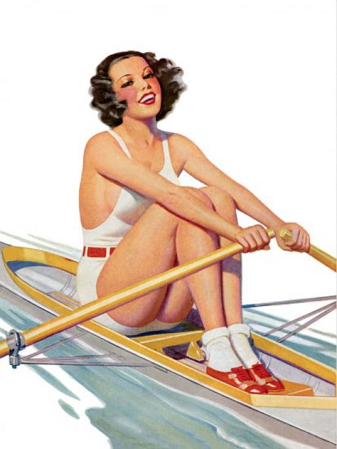 Pin Up Girl Brunette Rowing A Row Boat Canvas Art - (18 x 24)