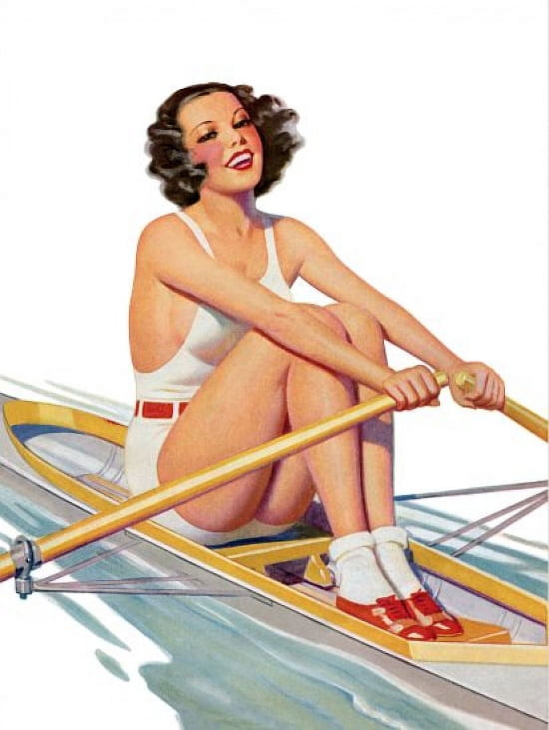 Pin Up Girl Brunette Rowing A Row Boat Canvas Art - (24 x 36)