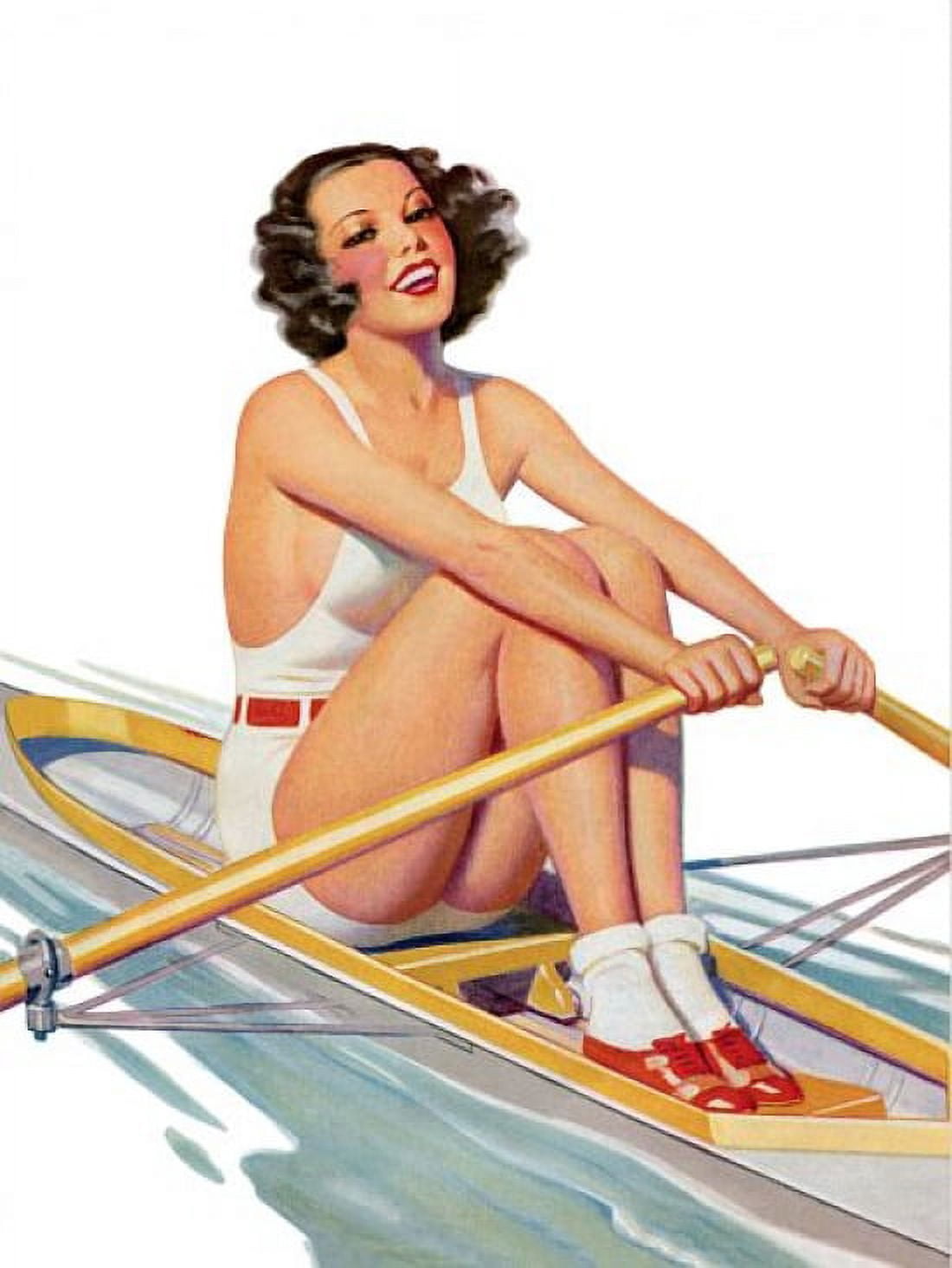 Pin Up Girl Brunette Rowing A Row Boat Canvas Art - (36 x 54)