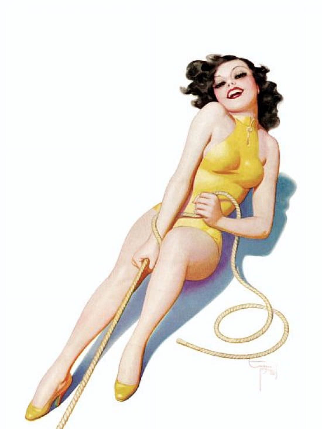 Pin Up Girl Brunette Tugging On A Rope Canvas Art - (24 x 36)