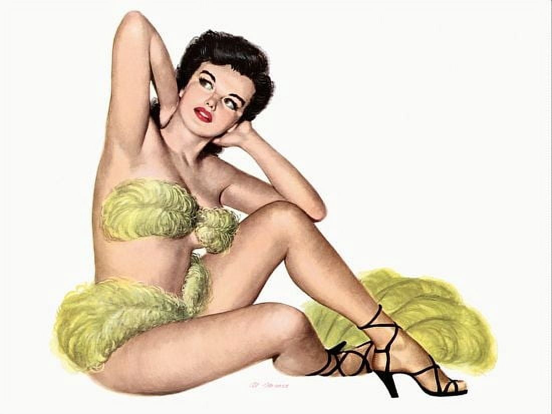 Pin Up Girl Brunette Wearing Yellow Fans Canvas Art - (18 x 24)