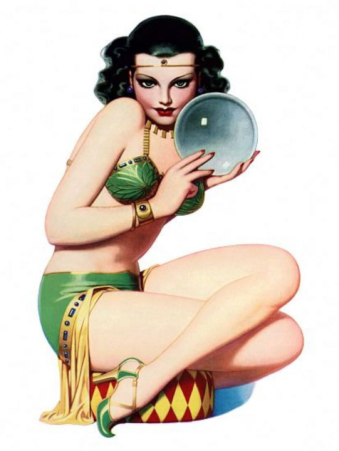 Pin Up Girl Brunette With A Looking Glass Canvas Art - (18 x 24)