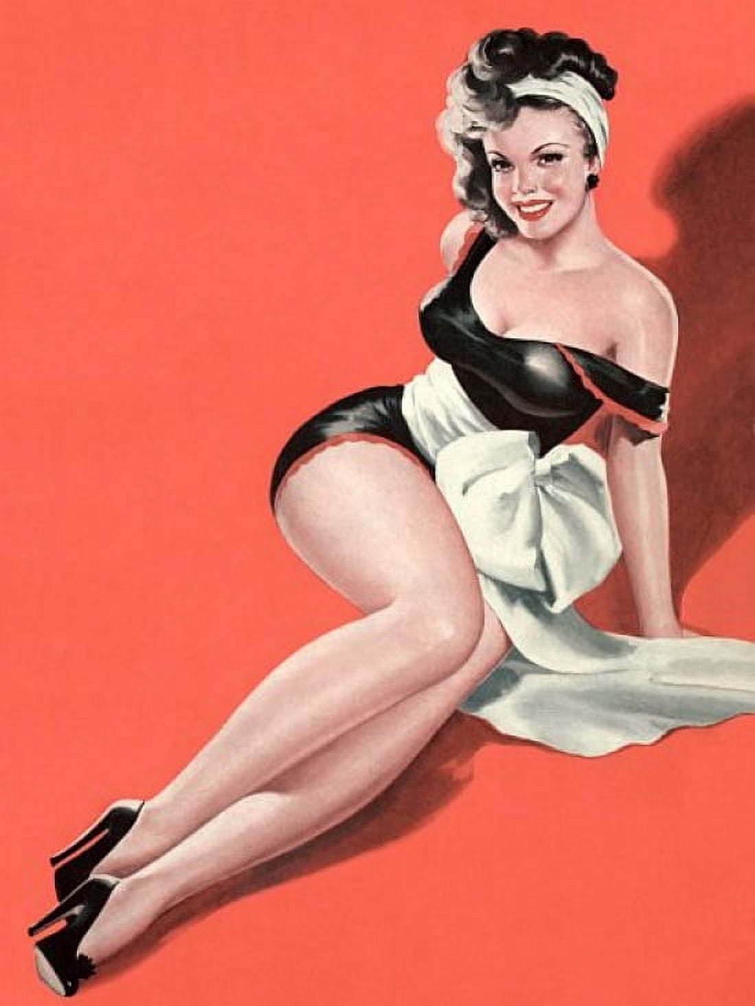 Pin Up Girl Brunette With Big White Bow Canvas Art - (24 x 36)
