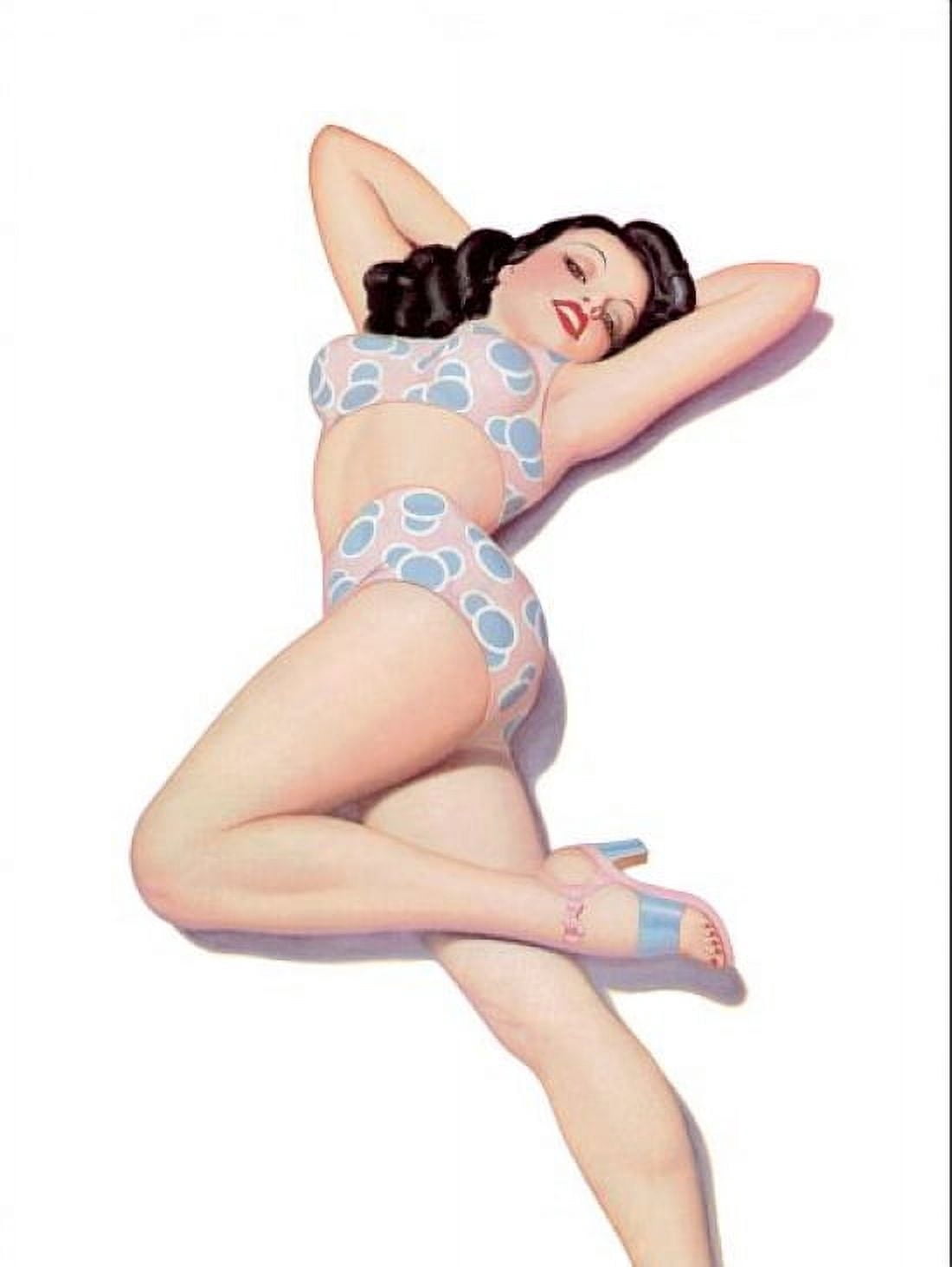 Pin Up Girl Brunette With Polka Dot Bikini Canvas Art - (36 x 54)