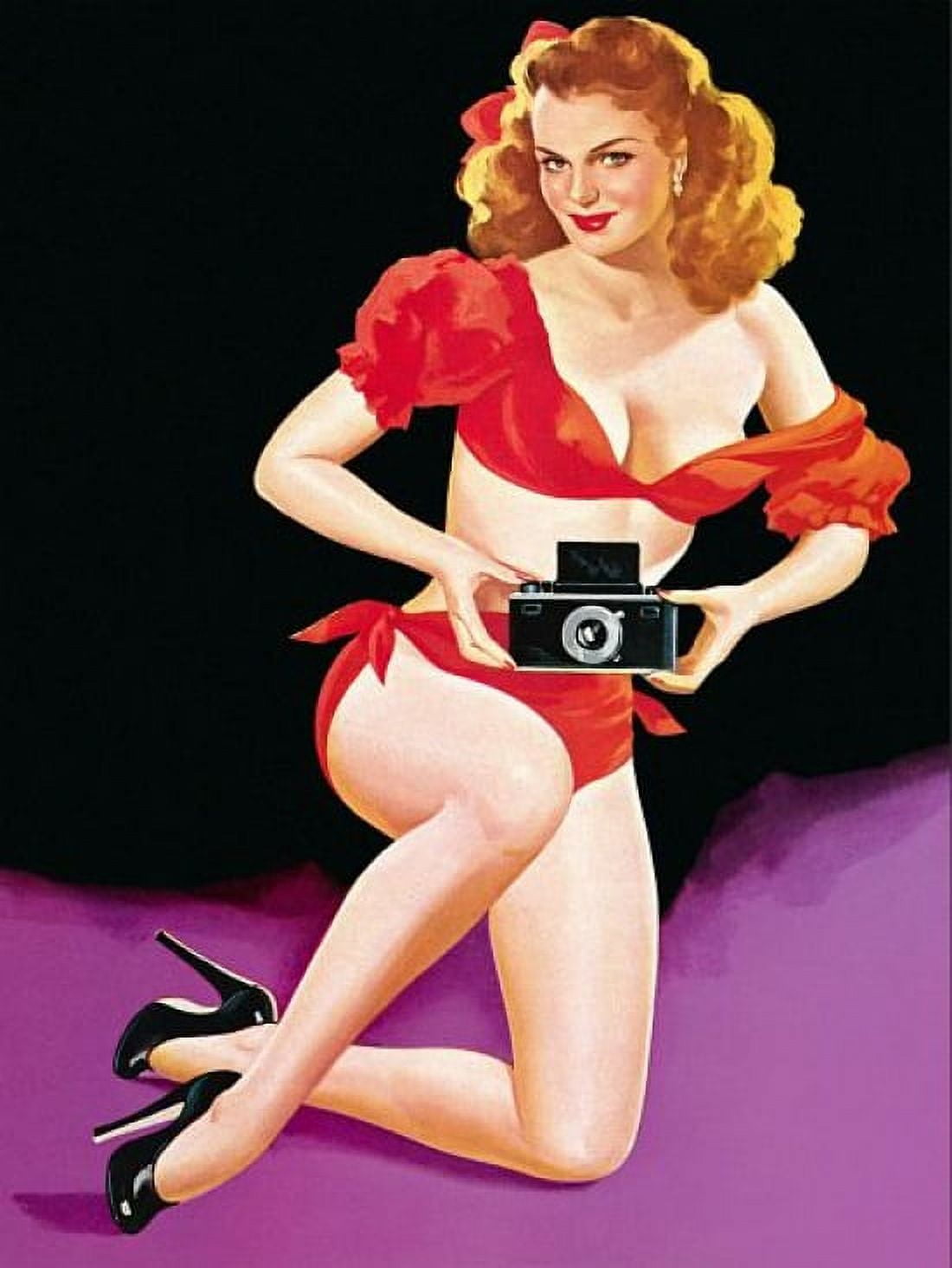 Pin Up Girl Redhead With Camera Canvas Art - (36 x 54)
