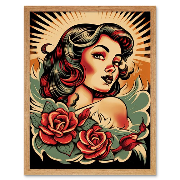 Pin Up Girl Roses Retro Tattoo Ink Body Art Rockabilly Americana 50s Art Print Framed Poster Wall Decor 12x16 inch