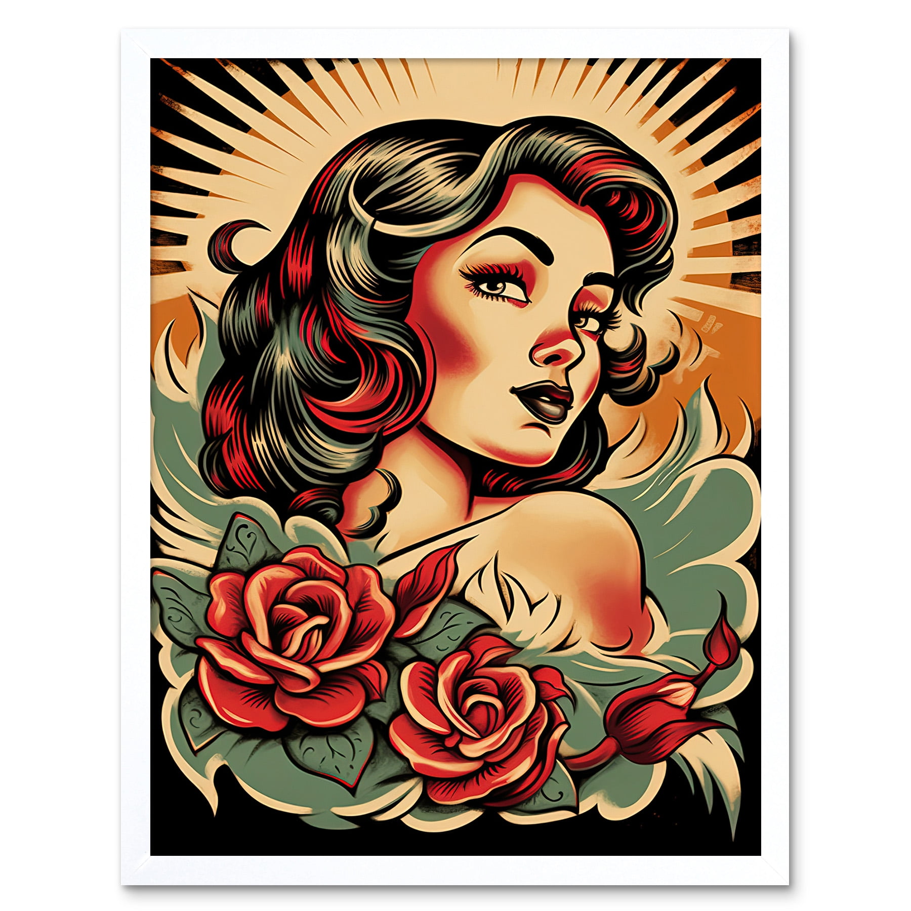 Pin Up Girl Roses Retro Tattoo Ink Body Art Rockabilly Americana 50s