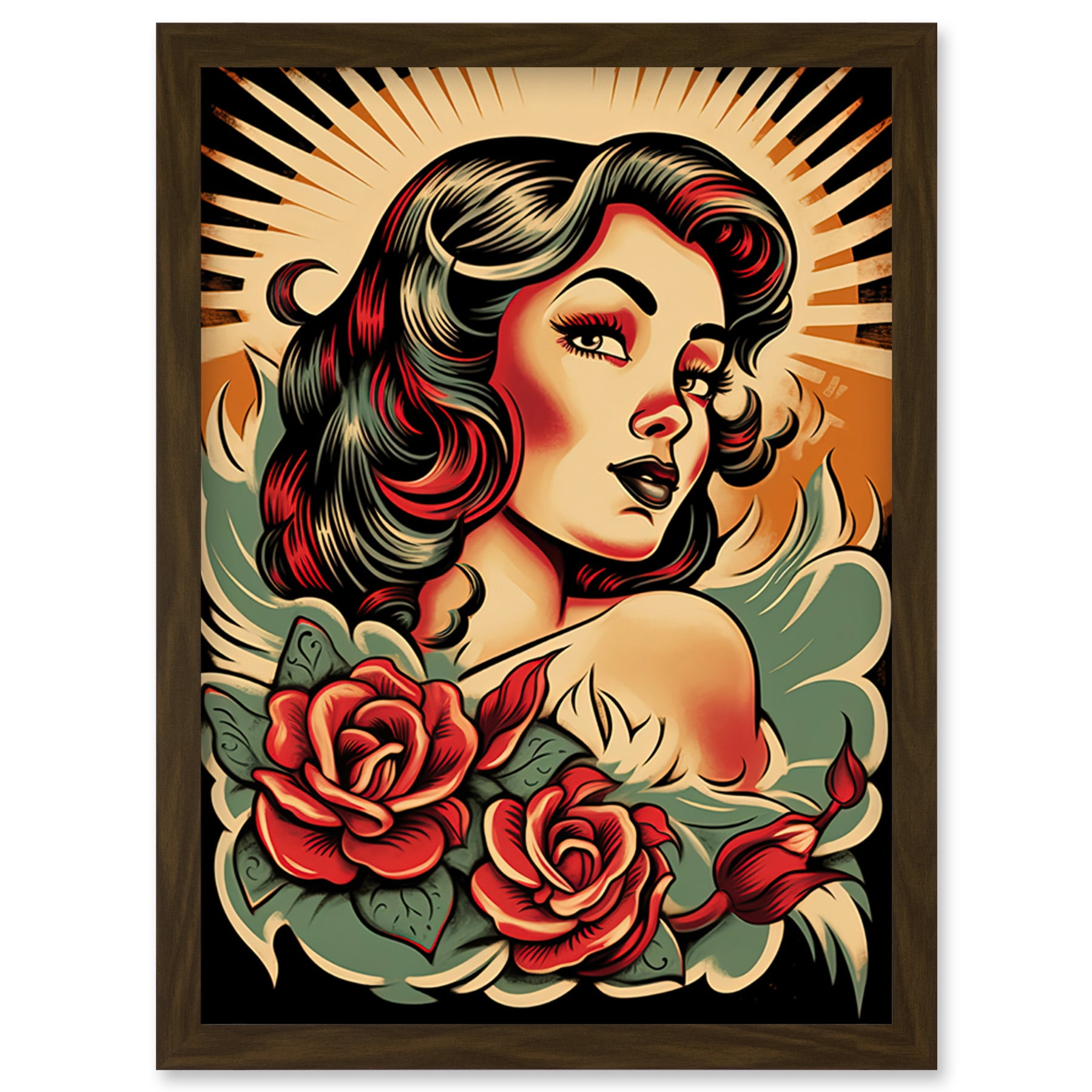 Pin Up Girl Roses Retro Tattoo Ink Body Art Rockabilly