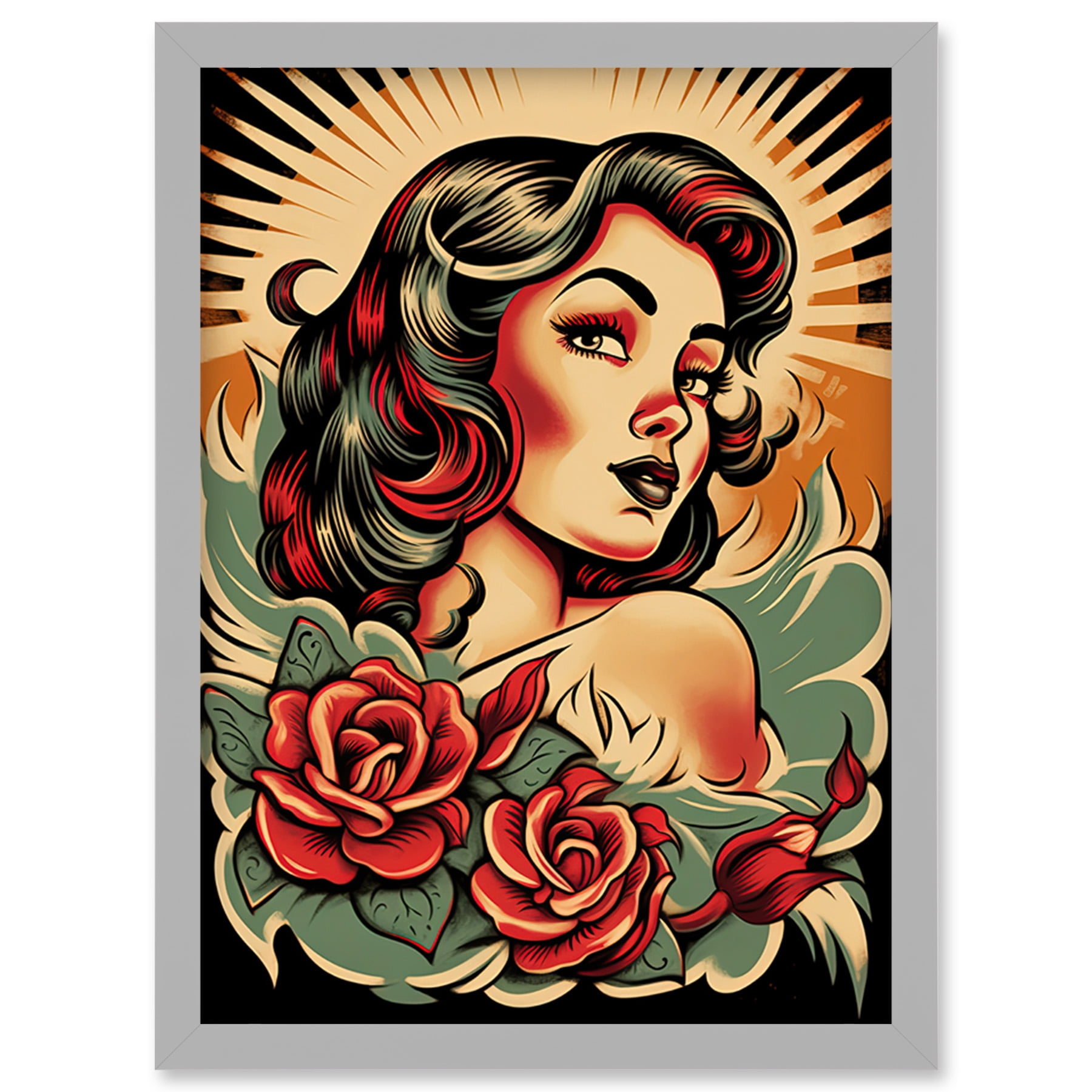 Pin Up Girl Roses Retro Tattoo Ink Body Art Rockabilly Americana 50s