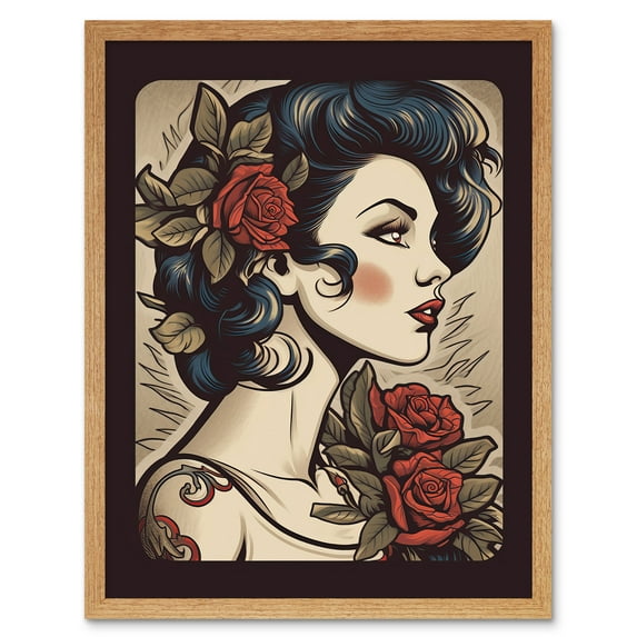 Pin Up Girl Tattoo Ink Body Art Floral Retro Rockabilly Americana 50s Art Print Framed Poster Wall Decor 12x16 inch