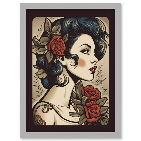 Pin Up Girl Tattoo Ink Body Art Floral Retro Rockabilly Americana 50s Artwork Framed Wall Art Print A4