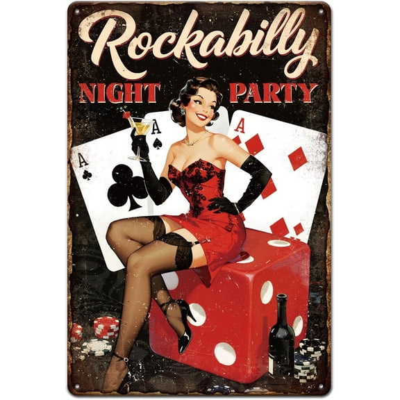 Pin-Up Poker Lady Metal Tin Sign 8x12in Rockabilly Night Party Vintage Painting Tin Signs Wall Poster Plaque for Poker Night Game Room Bar Lounge Entertainment Room Party Space