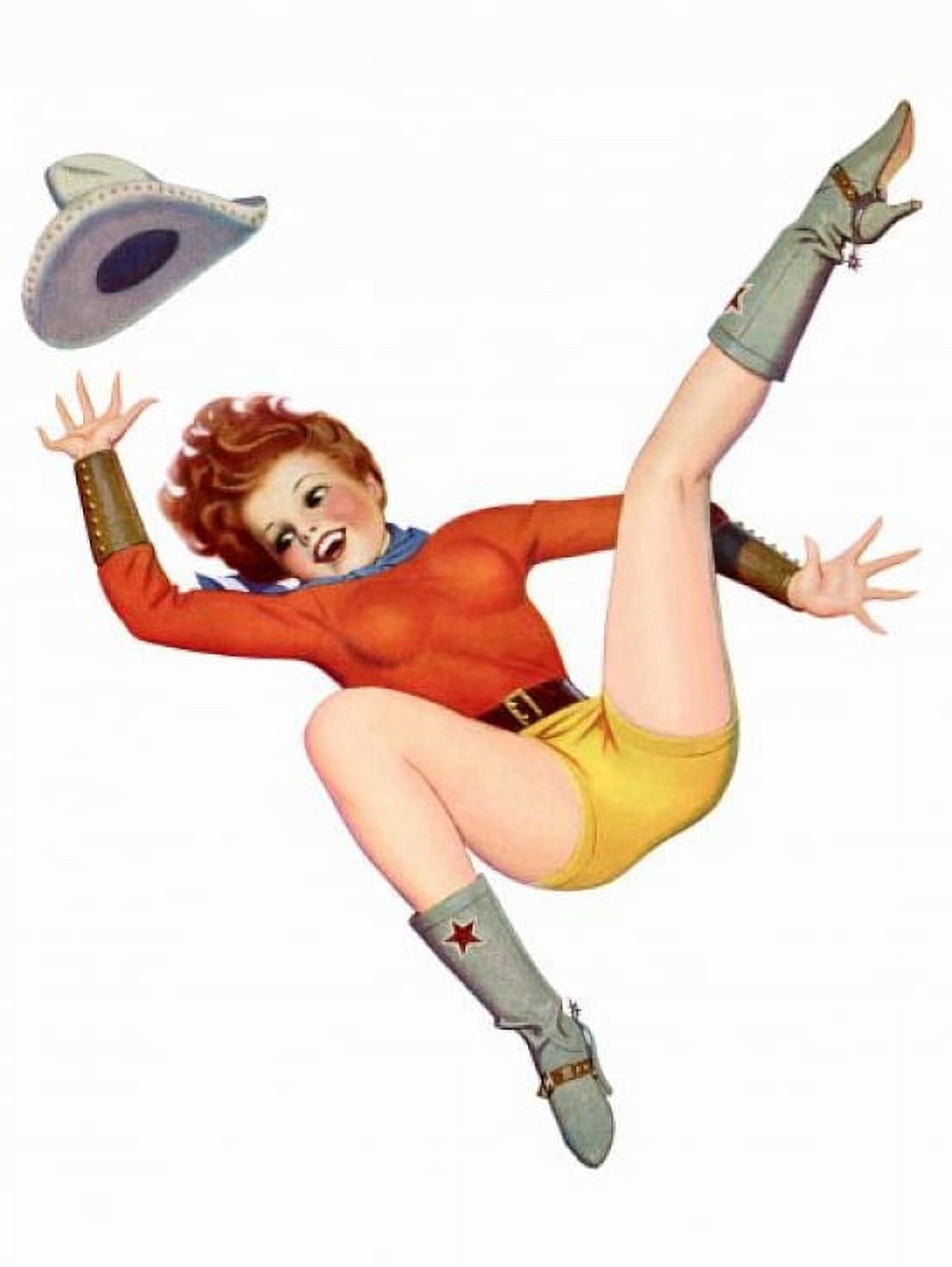 Pin Up Redhead Cowgirl Falling Canvas Art - (36 x 54)