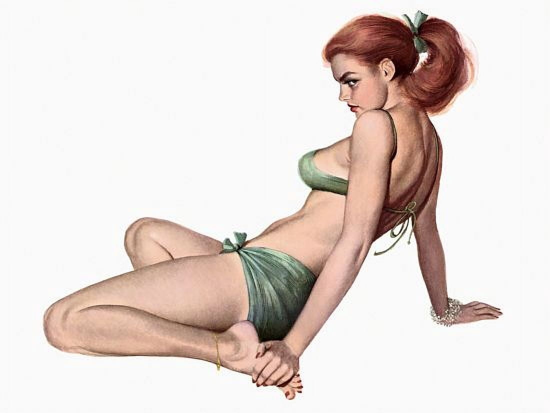 Pin Up Redhead In A Green Bikini Canvas Art - (36 x 54)