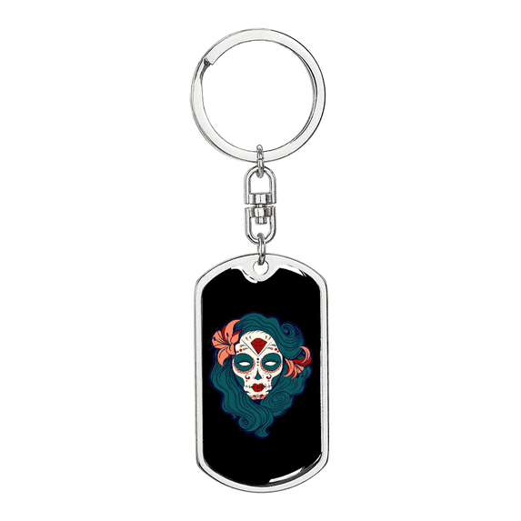 Pin Up Sugar Skull Stainless Steel or 18k Gold Premium Swivel Dog Tag Keychain