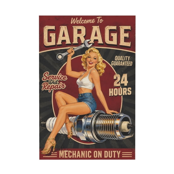 Pin Up Woman Retro Service Station Canvas Wall Art for Repair Shop Home Pub Club Man Cave 12*18in