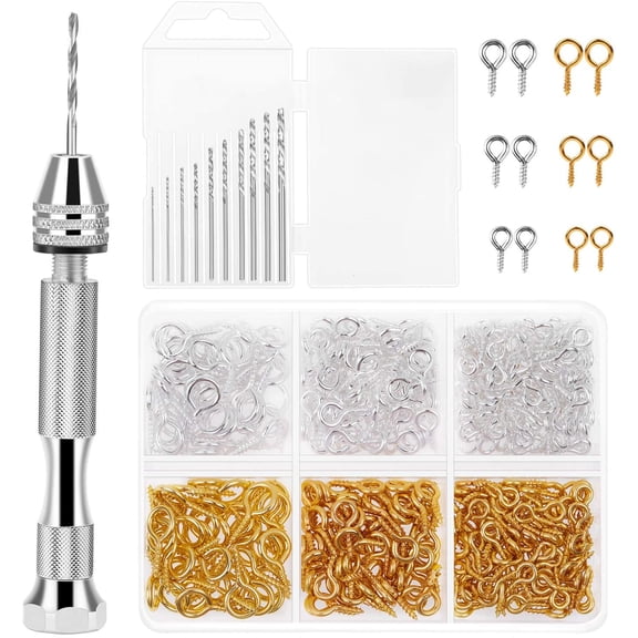 Pin Vise for Resin Casting Molds, Hand Drill for Jewelry Making Resin Tools Includes 1Pcs Push Hand Drill 10Pcs Drill Bits 480Pcs Eye Screws for DIY Keychain (Gold+Silver)