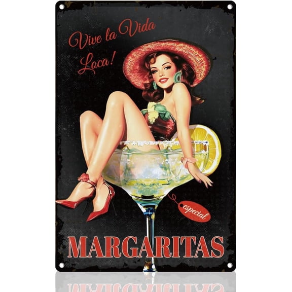 Pin Up Woman Cocktail Retro Wall Decor Metal Tin Sign 8" x 12" Sexy Woman Sitting Inside A Margarita Vintage Wall Art Poster for Man Cave Home Coffee Room Bathroom Bar Decor Gift