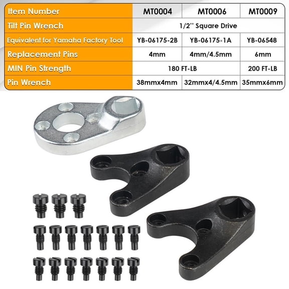 Pin Wrench Set for Outboard Trim Tilt Caps and Seastar Steering Cylinders, 42CrMo Steel, 1/2 Drive, 3-Piece