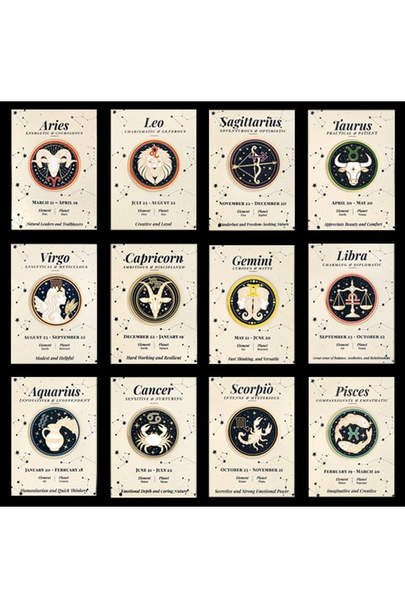 12 Piece Zodiac Pin on Card Bundle - Astrology Enamel Lapel Pins Set, Horoscope Sign Accessories for Backpack Hat Jacket, Gold Plated Birthday Collectible Gift for Women Men Astrology Lovers