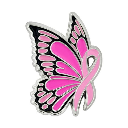 PinMart Breast Cancer Awareness Butterfly Pink Ribbon Enamel Lapel Pin - Nickel Plated Enamel, Single or Bulk Pack.