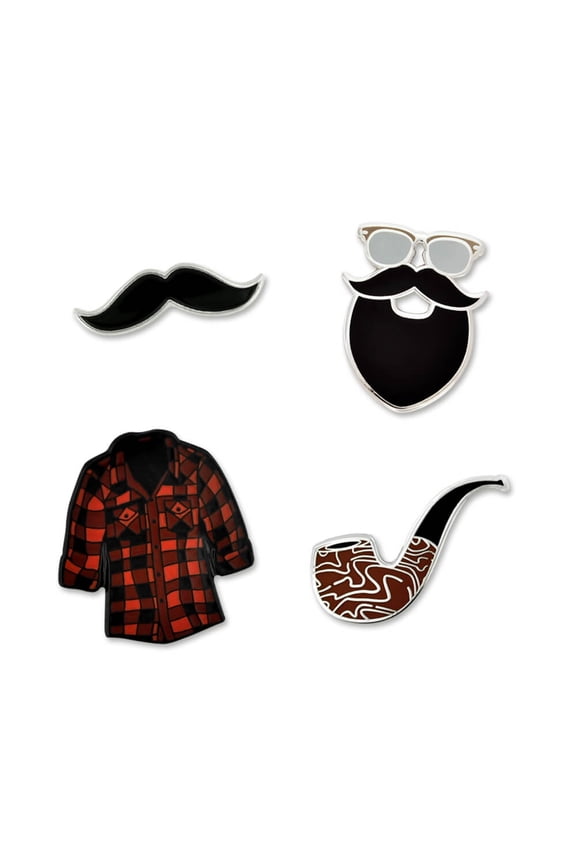 Hipster Mustache Beard Flannel & Pipe Enamel Lapel Pin Set - Cool and Fun Unsiex Gift Pins for Teens & Adults