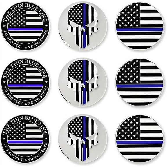 PinMart Thin Blue Line Golf Ball Markers - 9 Pack, United States Police and American Flag Design