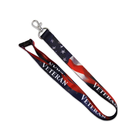 PinMart Veteran Military Patriotic American Flag Lanyard w/Safety Release - With Red, White, and Blue Colors and a Swivel Thumb Hook
