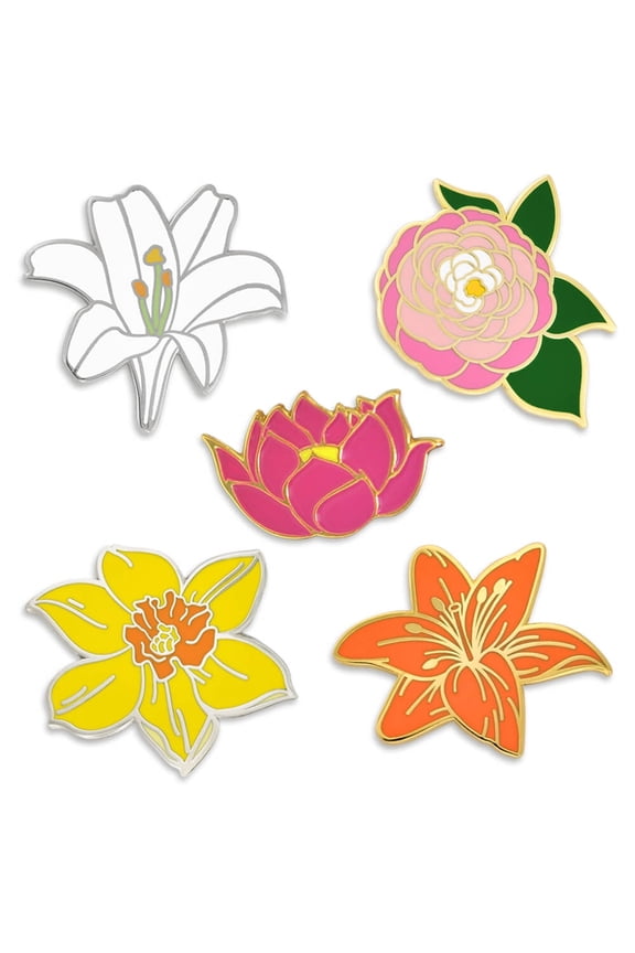 Flower Enamel Lapel Pin Set - Peony, Lotus, Lily, Daffodil Flowers, 5-Pack