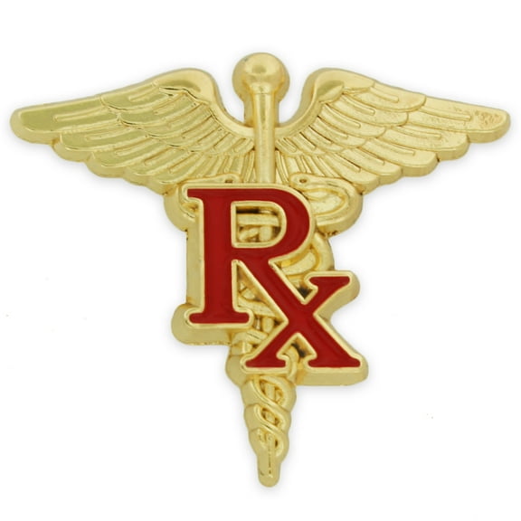 PinMart's Gold and Red RX Caduceus Enamel Lapel Pin
