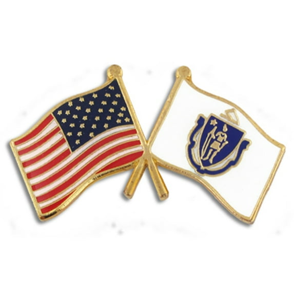 PinMart's Massachusetts and USA Crossed Friendship Flag Enamel Lapel Pin