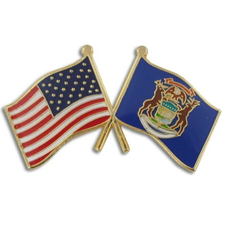 PinMart's Michigan and USA Crossed Friendship Flag Enamel Lapel Pin