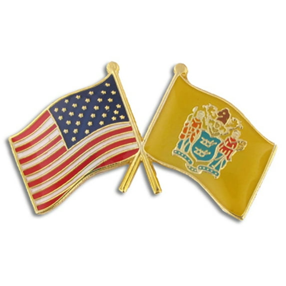 PinMart's New Jersey and USA Crossed Friendship Flag Enamel Lapel Pin