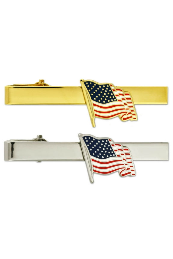 's Patriotic Waving American Flag Tie Clip Tie Bar - Gold or Silver